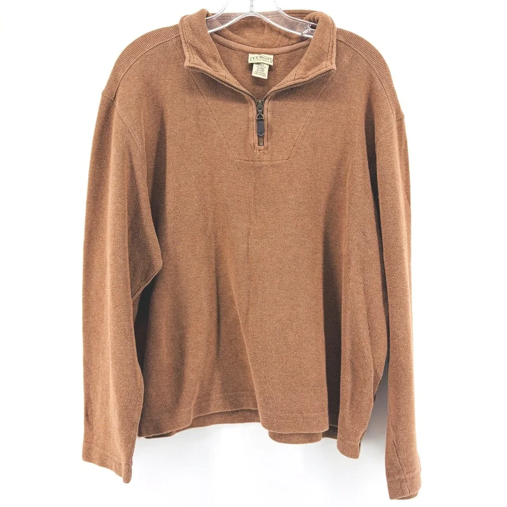 VTG LL Bean Sweater Mens Medium Brown 100% Cotton Quarter Zip Pullover Shirt